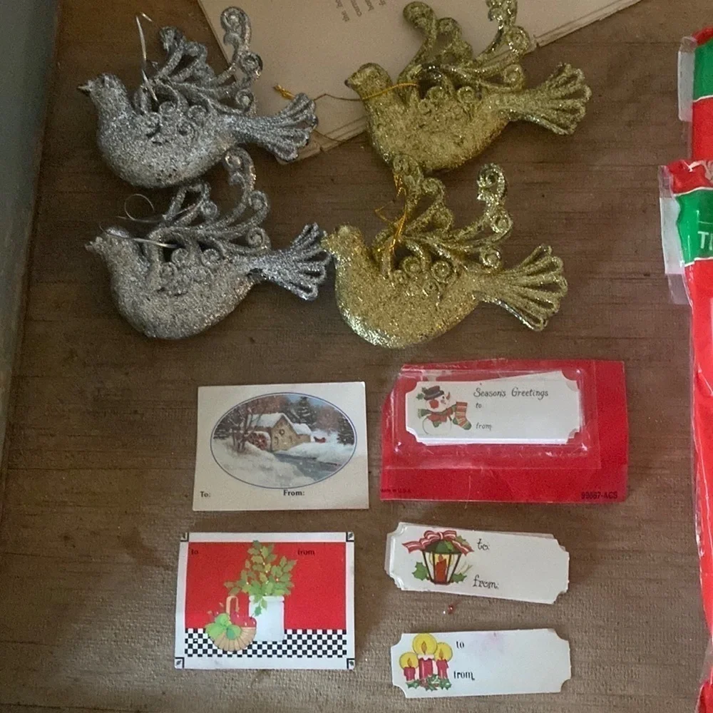 Vintage Christmas Ornament Tinsel Tags Ribbon Bundle